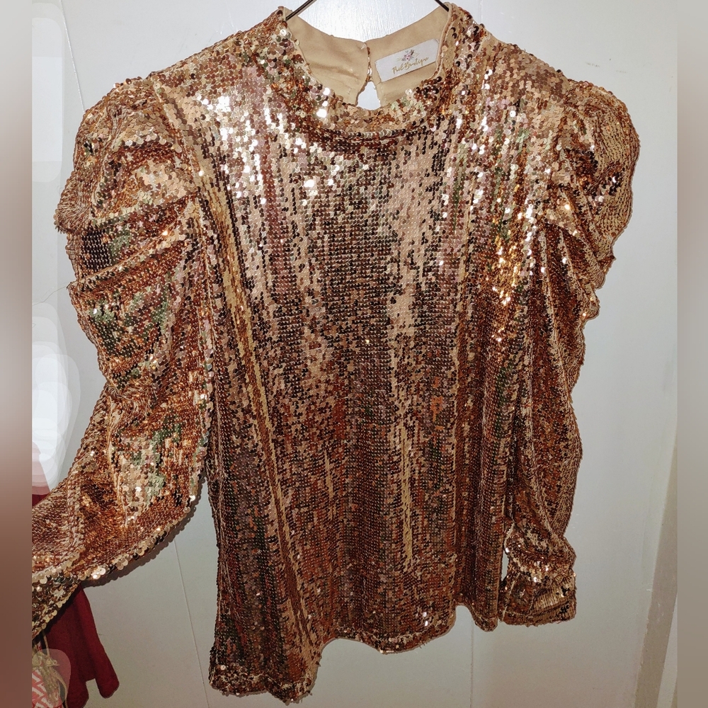 Sparkling Gold Sequins XL Top  Puffy Sleeves